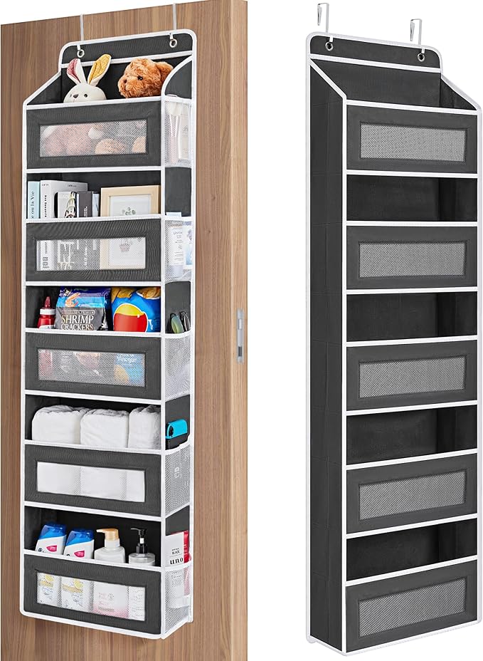 2 Pack Over The Door Organizer Storage, 5 Shelf Hanging Door Organizer with 5 Large Capacity Pockets, Anti Tilt 44 lb Load Behind Door Organizer for Bedroom, Bathroom, Pantry, Nursery, (Grey)