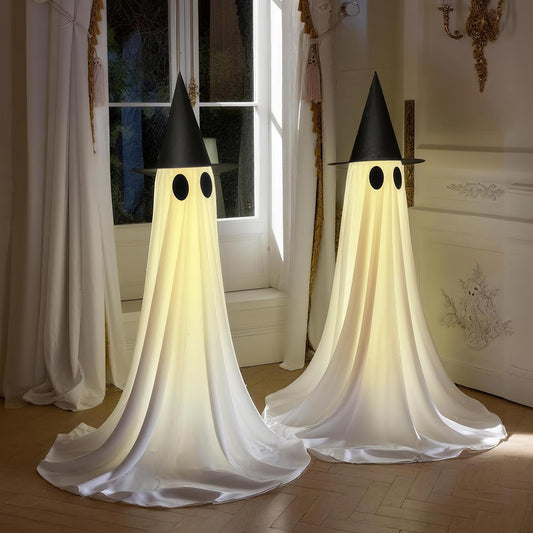 👻👻2 Packs Halloween Decorations Outdoor, 5 FT USB Powered Ghost Decor Kit with Remote Controlled String Lights, Easy Assemble Ghosts Halloween Decorations for Front Door Porch Yard
