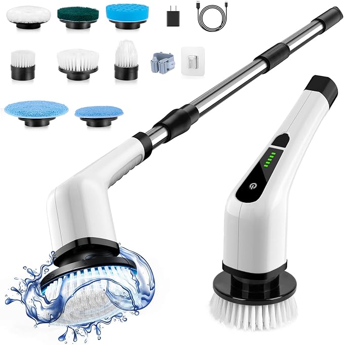 Electric Spin Scrubber, Cordless Cleaning Brush Scrubber for Home, 400RPM/Mins-8 Replaceable Brush Heads-90Mins Work Time, 3 Adjustable Size, 2 Speeds for Bathroom Shower Bathtub Glass Car