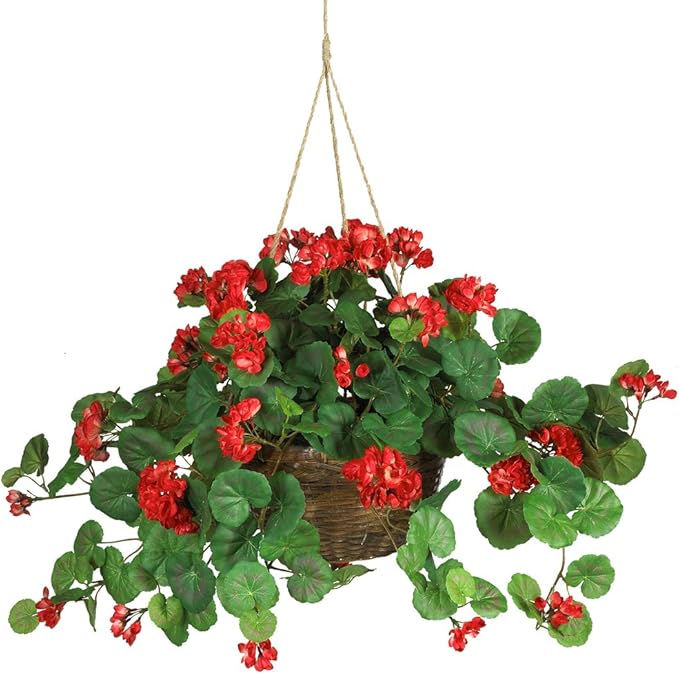 Nearly Natural 6609-PK 24in. Geranium Hanging Basket Silk Plant,Pink