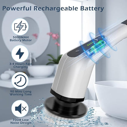 Electric Spin Scrubber, Cordless Cleaning Brush Scrubber for Home, 400RPM/Mins-8 Replaceable Brush Heads-90Mins Work Time, 3 Adjustable Size, 2 Speeds for Bathroom Shower Bathtub Glass Car