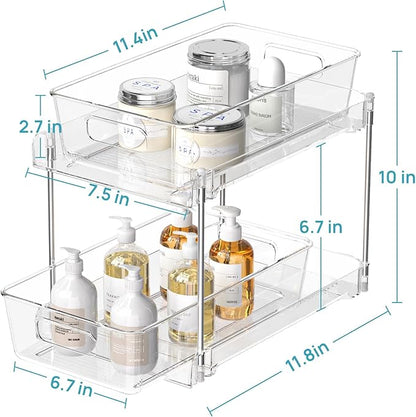 4 Pack Bathroom Organizer, 2 Tier Clear Under Sink Organizers Vanity Countertop Storage Container,Cabinet Drawers Bins, Pull-Out Organization with Track for Pantry, Kitchen