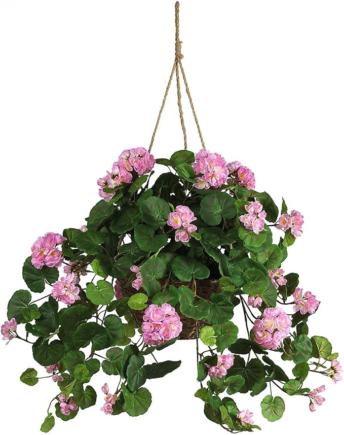 Nearly Natural 6609-PK 24in. Geranium Hanging Basket Silk Plant,Pink