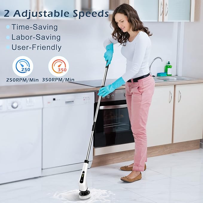 Electric Spin Scrubber, Cordless Cleaning Brush Scrubber for Home, 400RPM/Mins-8 Replaceable Brush Heads-90Mins Work Time, 3 Adjustable Size, 2 Speeds for Bathroom Shower Bathtub Glass Car