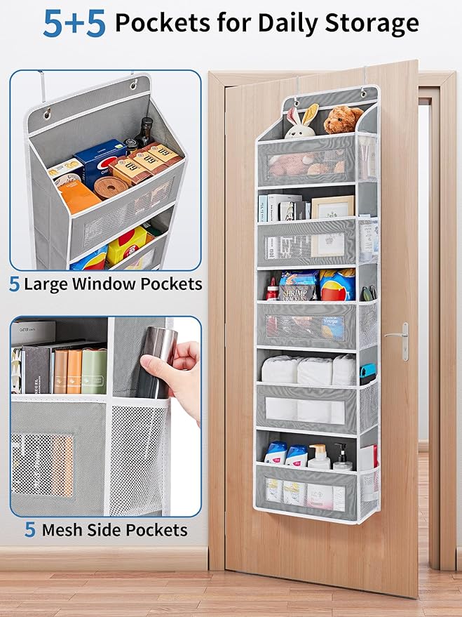 2 Pack Over The Door Organizer Storage, 5 Shelf Hanging Door Organizer with 5 Large Capacity Pockets, Anti Tilt 44 lb Load Behind Door Organizer for Bedroom, Bathroom, Pantry, Nursery, (Grey)