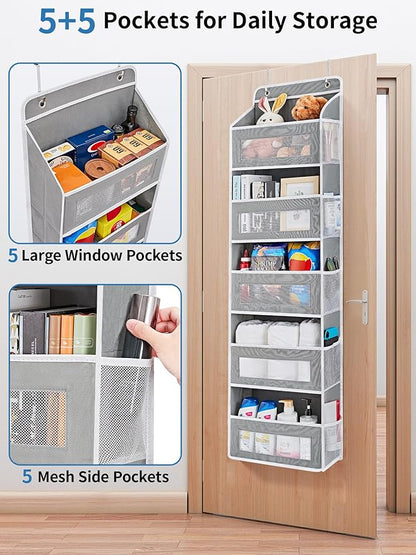 2 Pack Over The Door Organizer Storage, 5 Shelf Hanging Door Organizer with 5 Large Capacity Pockets, Anti Tilt 44 lb Load Behind Door Organizer for Bedroom, Bathroom, Pantry, Nursery, (Grey)