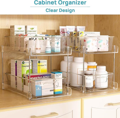 4 Pack Bathroom Organizer, 2 Tier Clear Under Sink Organizers Vanity Countertop Storage Container,Cabinet Drawers Bins, Pull-Out Organization with Track for Pantry, Kitchen