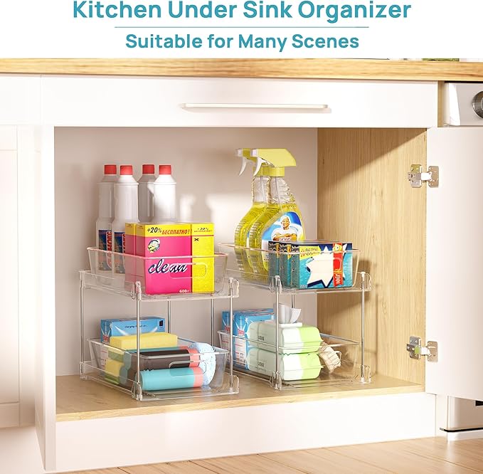 4 Pack Bathroom Organizer, 2 Tier Clear Under Sink Organizers Vanity Countertop Storage Container,Cabinet Drawers Bins, Pull-Out Organization with Track for Pantry, Kitchen