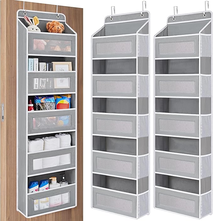 2 Pack Over The Door Organizer Storage, 5 Shelf Hanging Door Organizer with 5 Large Capacity Pockets, Anti Tilt 44 lb Load Behind Door Organizer for Bedroom, Bathroom, Pantry, Nursery, (Grey)